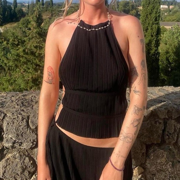 NWT Sasha Therese Open Back Pearl Beaded Cami Halter Top - Picture 4 of 5